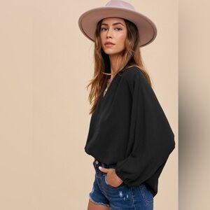 Black Notched Batwing Sleeve Blouse